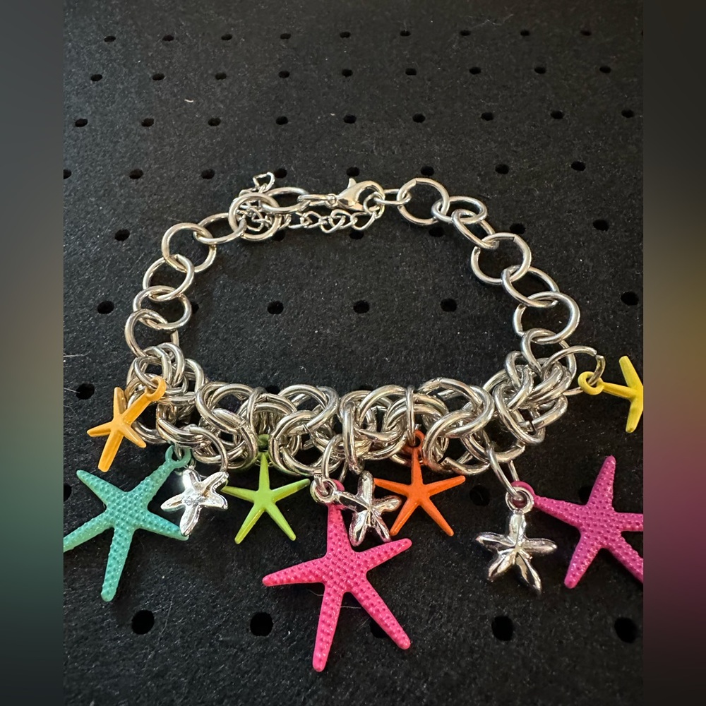 Silver Chain Charm Bracelet with Multicolor Starfish Charms